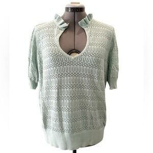 LOFT Womens Mint Green Pointelle Knit Ruffle Keyhole Neck Short Sleeve Sweater L
